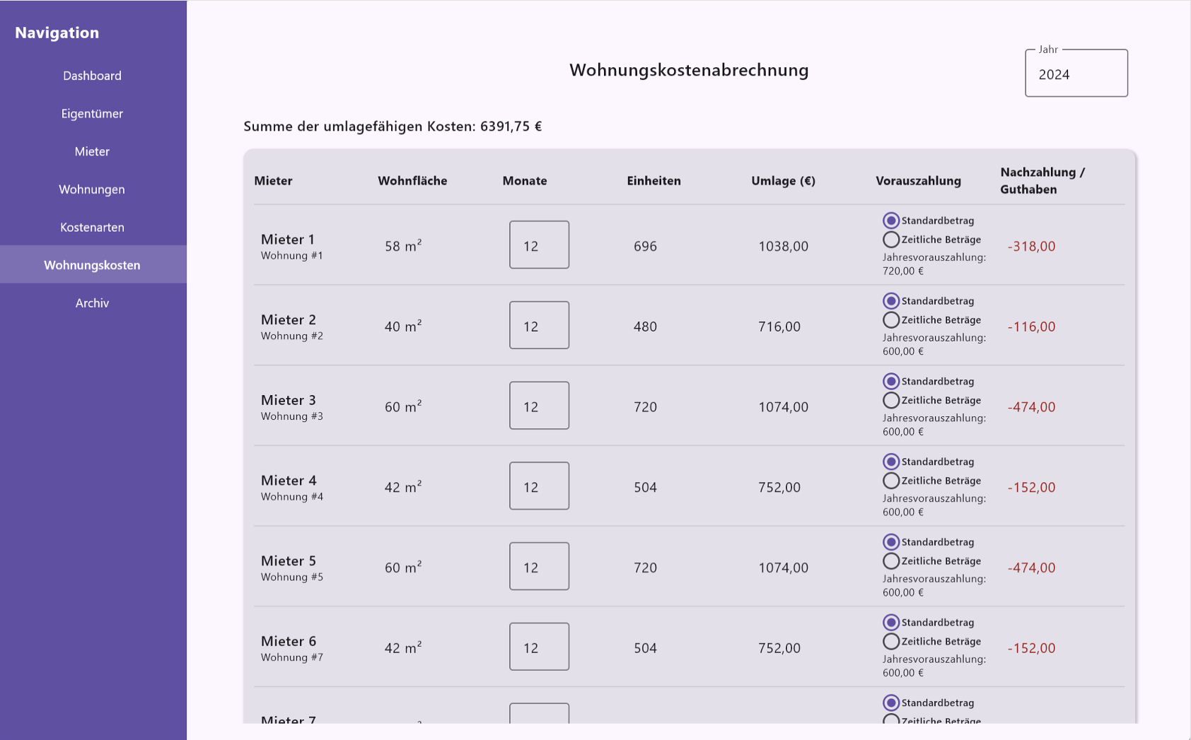 Betriebskosten Manager Screenshot