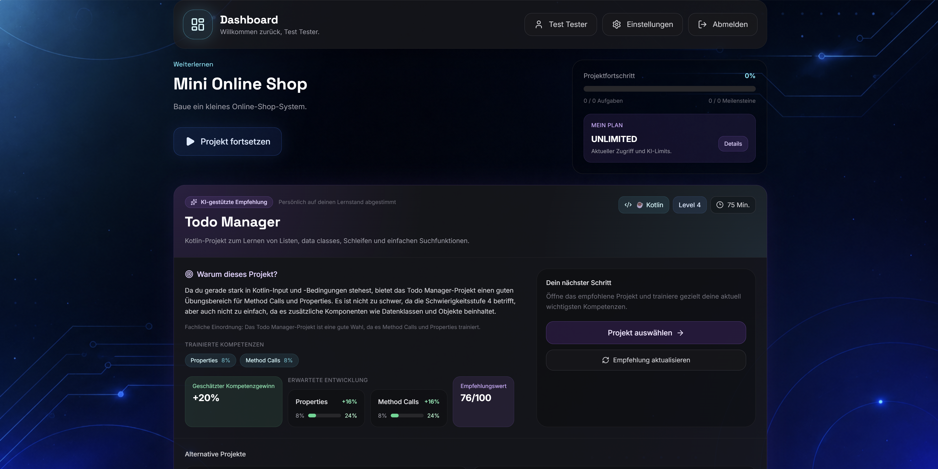 Dashboard mit Projekten und Lernfortschritt