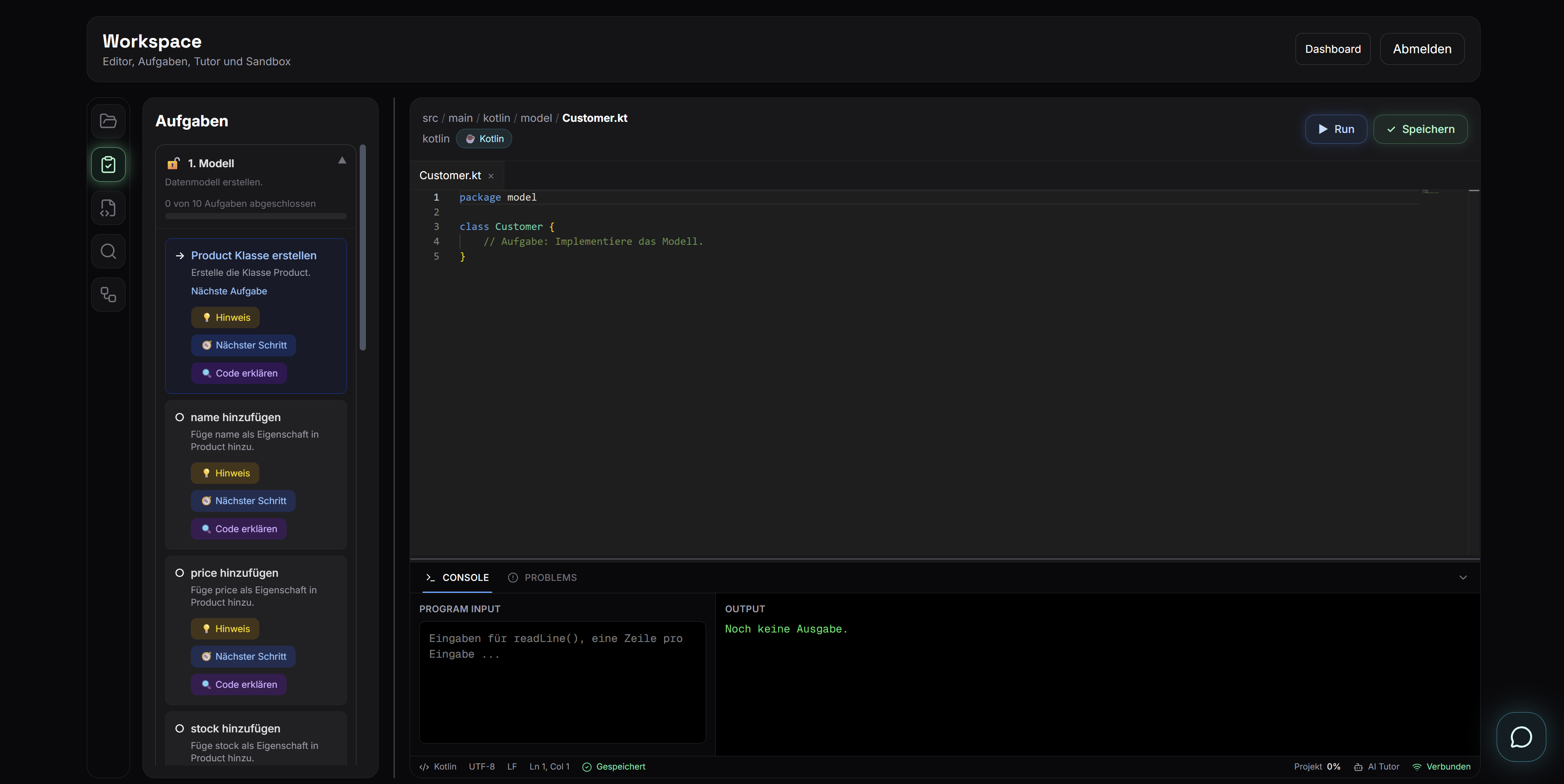 Coding-Workspace mit Editor, Dateibaum und KI-Tutor